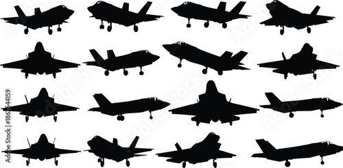 Modern fighter jet silhouettes set, stealth military combat aircraft landing and flying views isolated on white background for aviation defense design projects