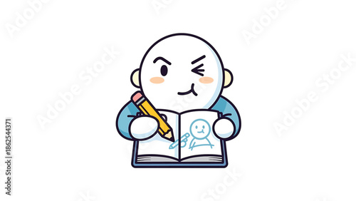 Cartoon character sketching in a notebook with a focused expression and a pencil.