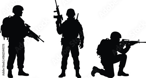 Modern military soldiers silhouettes with rifles, tactical combat poses, armed forces teamwork, isolated on white background, studio cutout security defense