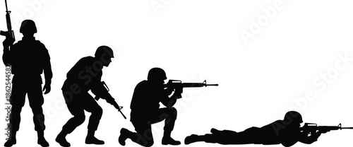 Military soldiers silhouettes, showing combat positions standing crouching kneeling prone aiming rifles isolated on white background tactical sequence training illustration