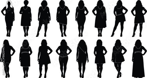 Set of plus size women silhouettes wearing dresses standing in various poses isolated on white vector background.