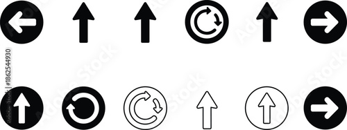 Arrow navigation icons set with left right up refresh reload direction controls symbols vector illustration minimal black