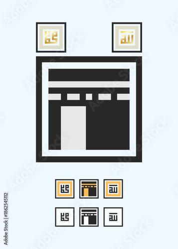 Elegant square designs blending traditional Kufic inspiration with modern pixel art to symbolize the spiritual pillars and sacred landmarks of Islam.