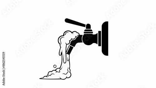 Black faucet pouring foamy liquid with bubbles and splashes.