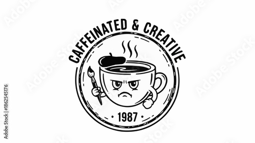 Caffeinated and Creative Coffee Cup with Paintbrush and Beret.