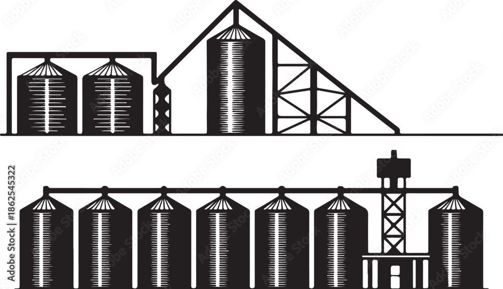 Obraz premium Industrial Storage Facilities with Silos and Grain Elevators, Vector Illustration