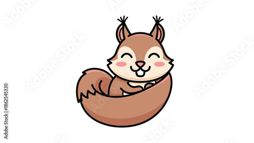 Cute cartoon squirrel smiling and holding its tail in a playful pose.