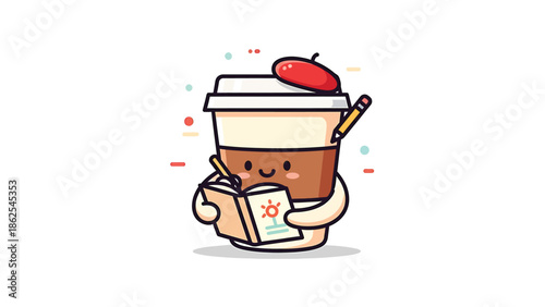 Cute coffee cup character artist with beret and pencil drawing in notebook.