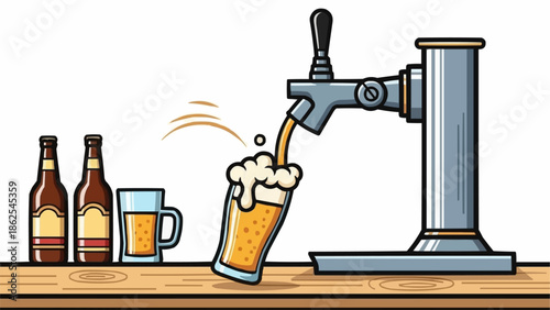 Beer being poured from a tap into a glass with bottles and a mug nearby.
