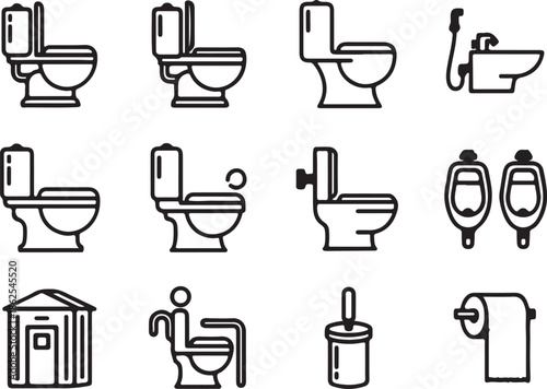 Collection of vector illustrations of various bathroom toilet fixtures and accessories in black line style