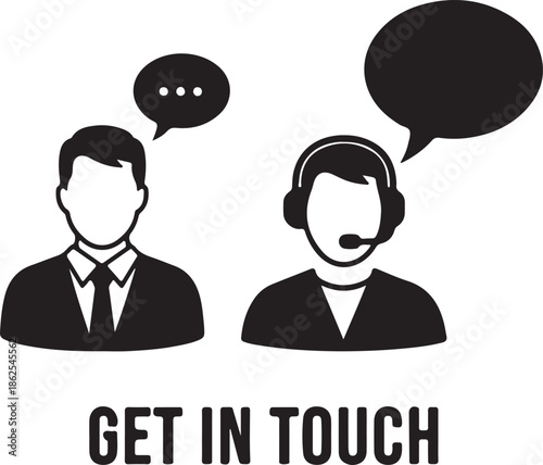 Illustration of customer support agents with headsets and speech bubbles for get in touch service