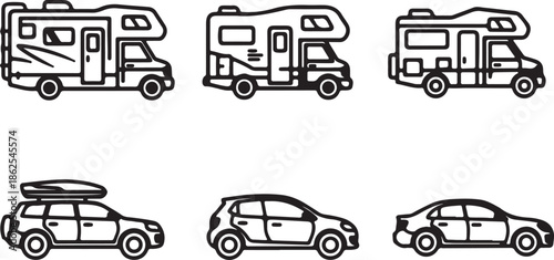 Vector illustration of different types of recreational vehicles and cars in a flat style