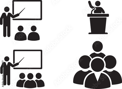 Vector illustration of business meetings conference classroom and delegation with crowd and speaker
