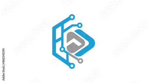 Modern digital technology logo design with circuit board elements and play button.