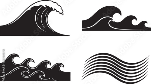 Vector illustration of artistic wave designs in black and white with fluid motion and dynamic flow