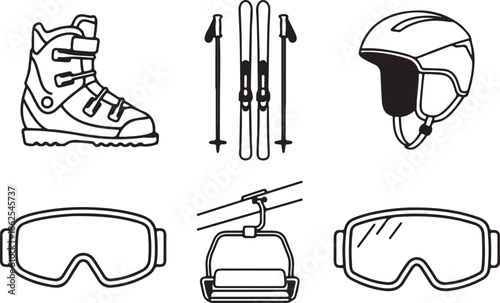 Vector illustration of snowboarding equipment including boots helmet goggles and ski lift