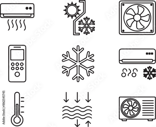 Vector illustration of climate control systems including air conditioning units fans and temperature icons