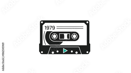 Vintage cassette tape illustration from 1979, a retro audio recording device, black and white design.