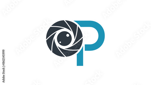 Photography logo featuring a camera lens and the letter P, creative design.