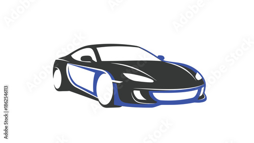 Sleek black sports car with blue accents and white wheels, modern design.