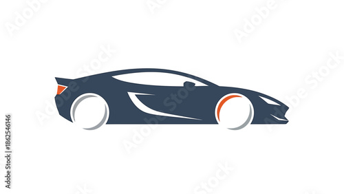 Sleek dark blue sports car design with white accents and orange wheel details.