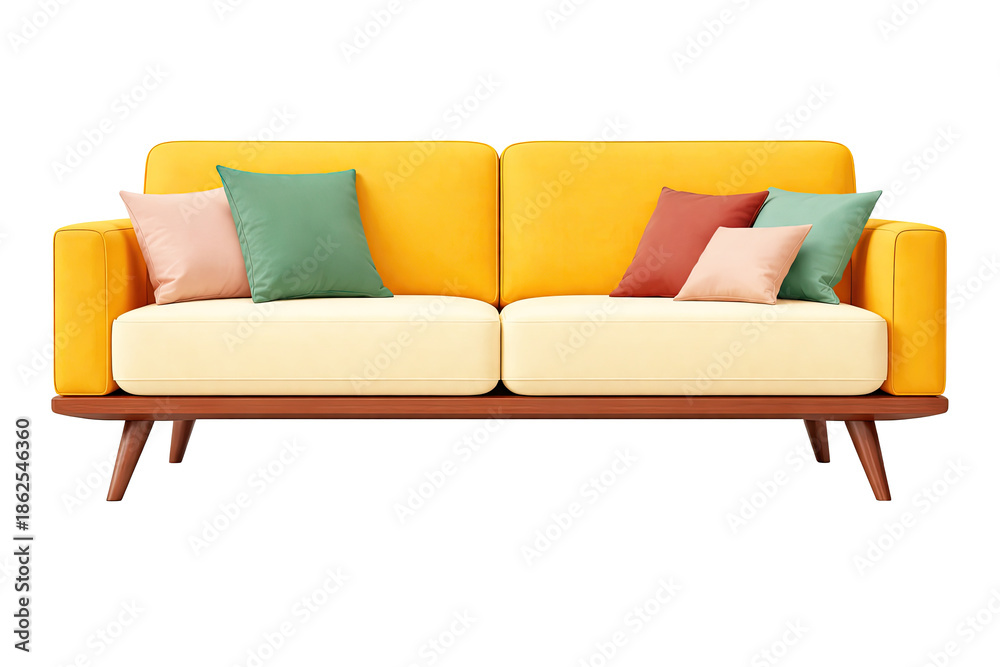 Fototapeta premium Vibrant Yellow Sofa with Colorful Pillows Isolated 