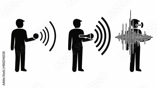 Illustrations of people using sound amplification devices and sound waves.