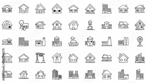 Collection of Building and House Icons in Doodle Style.