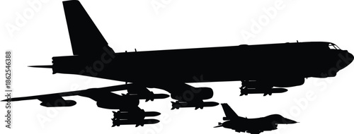 Strategic military bomber aircraft silhouette with fighter jet escort isolated on white background aviation defense power concept illustration high detail