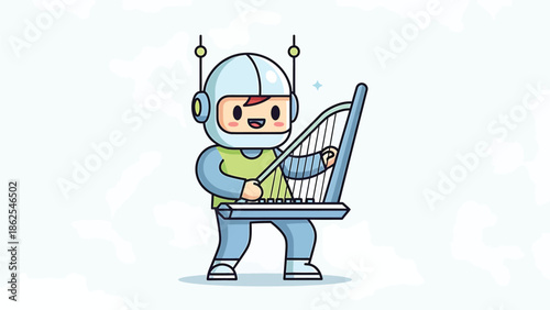 Robot musician playing the harp with focused expression and joy.