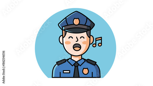 Smiling police officer singing a song with musical notes, happy and joyful.