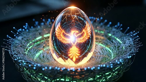 Glowing Phoenix Egg in a Futuristic Nest Display