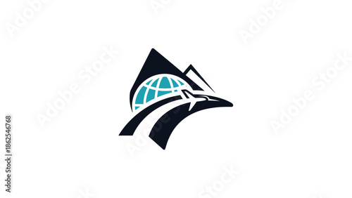 Modern travel agency logo featuring globe, airplane, and mountain elements.