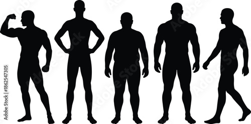 Muscular bodybuilder silhouette set showing fitness poses, strength training concept, athletic male physiques, isolated black figures on white background vector