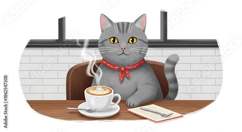 Gray cat sitting with steaming coffee.