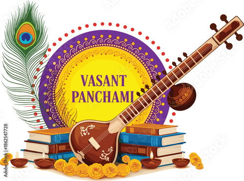 Vasant Panchami festival celebration background with Saraswati Veena, peacock feather, books, marigold flowers, oil lamps, and cad drawing flat vector illustration elements
