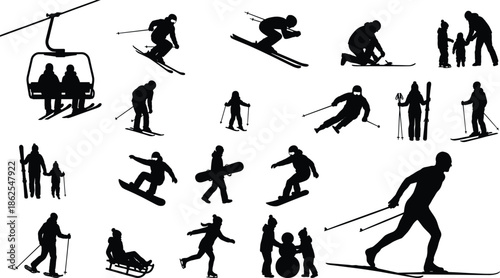 Winter sports silhouettes collection featuring skiing snowboarding chairlift family activities alpine recreation black icons isolated white background vector illustration set