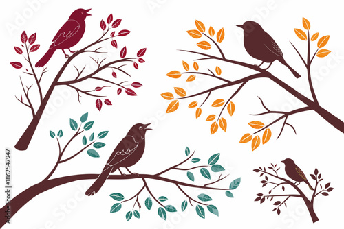 silhouette of  Bird on branch bundle vector illustration isolated on white background