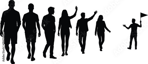People silhouette group walking following leader with flag teamwork direction leadership journey community movement concept illustration social unity guidance progress
