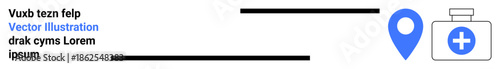 Healthcare services, medical facilities, navigation, hospital locations, emergency care, geographic assistance. Blue location pin and medical first aid icon. Healthcare services and medical