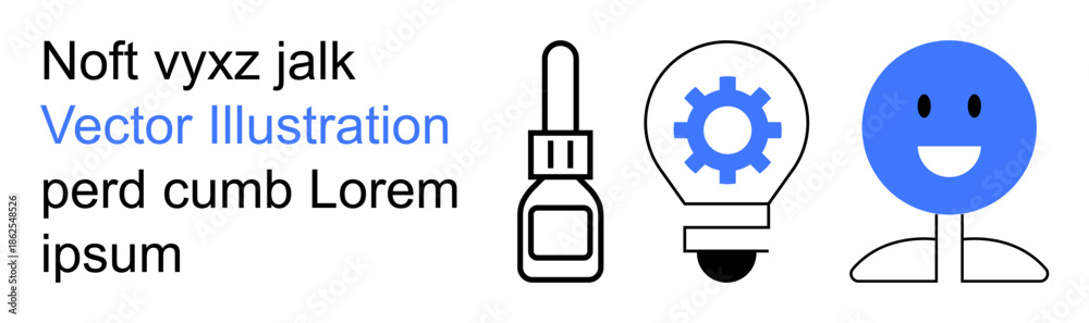 Fototapeta premium Innovation, creativity, education, digital learning, healthcare, conceptual thinking. Design includes a light bulb with gear, dropper text and a smiling face. Innovation and creativity symbols