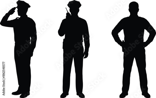 Police officer silhouettes standing and saluting, law enforcement security figures, uniformed authority professionals isolated on white background illustration, graphic design