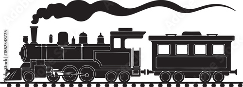 Vintage Train with Steam Engine and Carriage on Railway Tracks Illustration