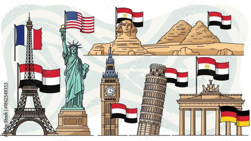 Illustration of famous landmarks and flags from around the world, including eiffel tower, statue of liberty, pyramids of giza, sphinx, big ben, leaning tower of pisa