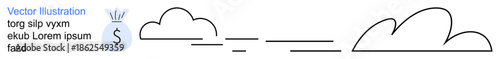 Financial growth, savings, investment, cloud storage, revenue tracking, economic concepts. Money bag icon, clouds and connected lines. Financial growth and savings visually