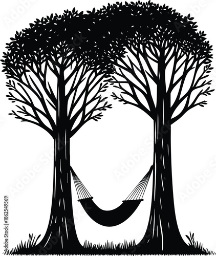 Vector illustration of a comfortable hammock strung between two tall trees for peaceful relaxation and tropical vacation
