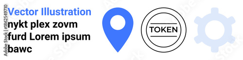 Navigation systems, digital tokens, blockchain security, cryptocurrency, process automation, technology services. A blue location pin, token icon and gear symbol are visible. Navigation