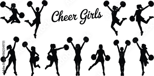 Cheer girls silhouettes collection with pom poms isolated on white background, energetic cheerleading poses, sports team vector illustration set