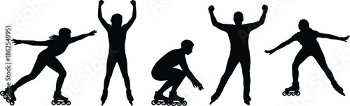 Inline skating silhouettes collection isolated on white background, dynamic rollerblade poses, extreme sports action vector illustration set