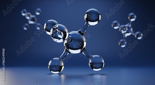 3D rendering of a glossy, transparent molecule structure set against a dark blue background